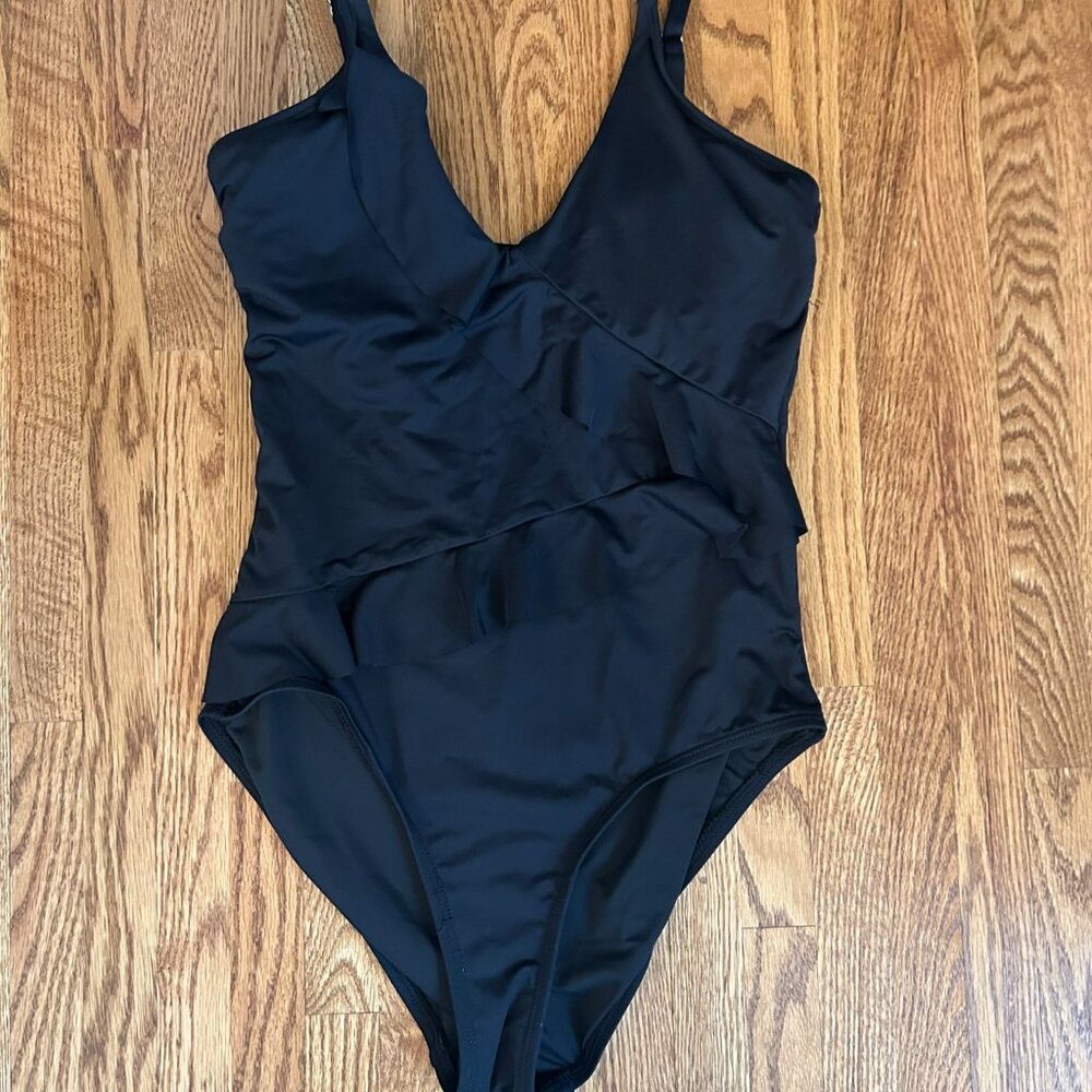 Tribal Sport One Piece Swimsuit Black with Ruffles Women's Size Small